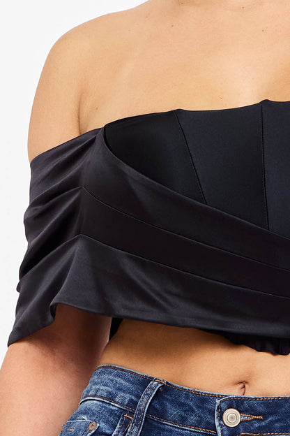 Symphony Top - Pearl Satin One Shoulder Off The Shoulder Crop Top