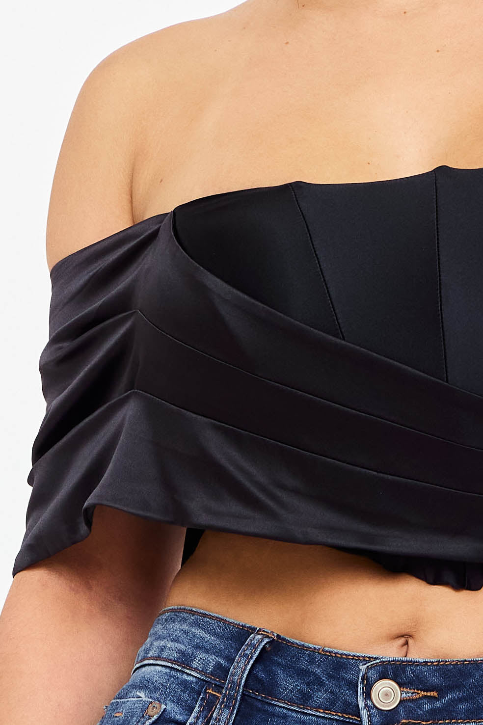 Symphony Top - Pearl Satin One Shoulder Off The Shoulder Crop Top