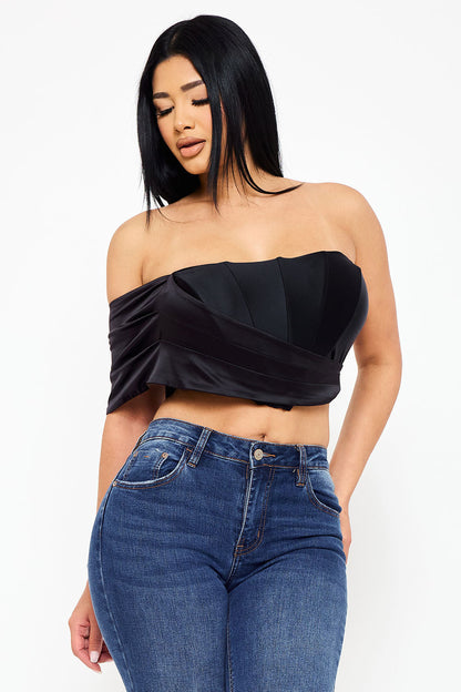 Symphony Top - Pearl Satin One Shoulder Off The Shoulder Crop Top