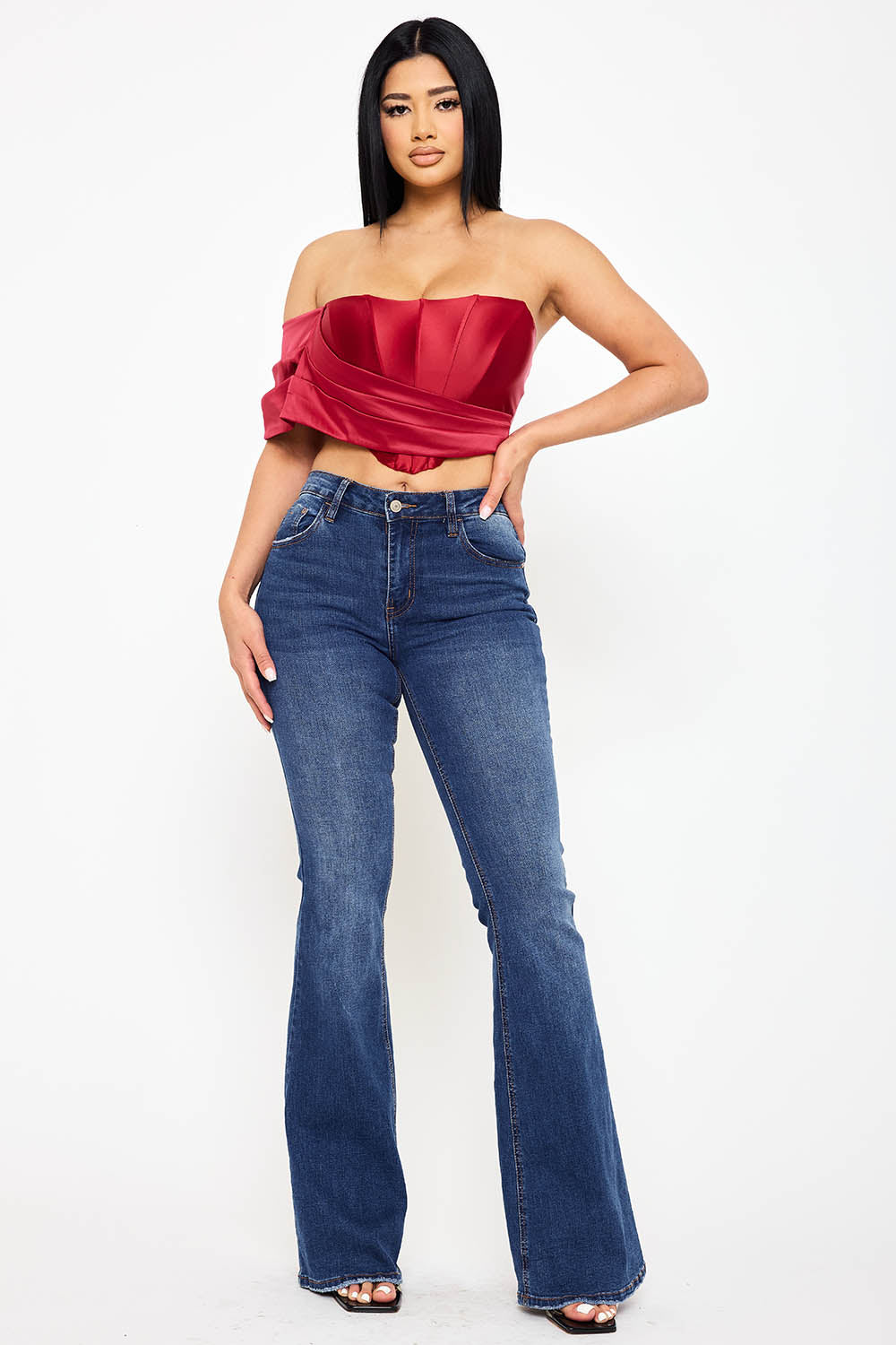 Symphony Top - Pearl Satin One Shoulder Off The Shoulder Crop Top