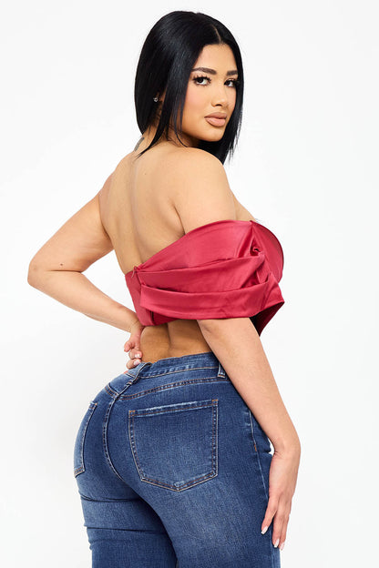 Symphony Top - Pearl Satin One Shoulder Off The Shoulder Crop Top