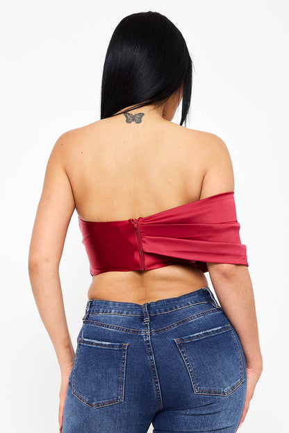 Symphony Top - Pearl Satin One Shoulder Off The Shoulder Crop Top