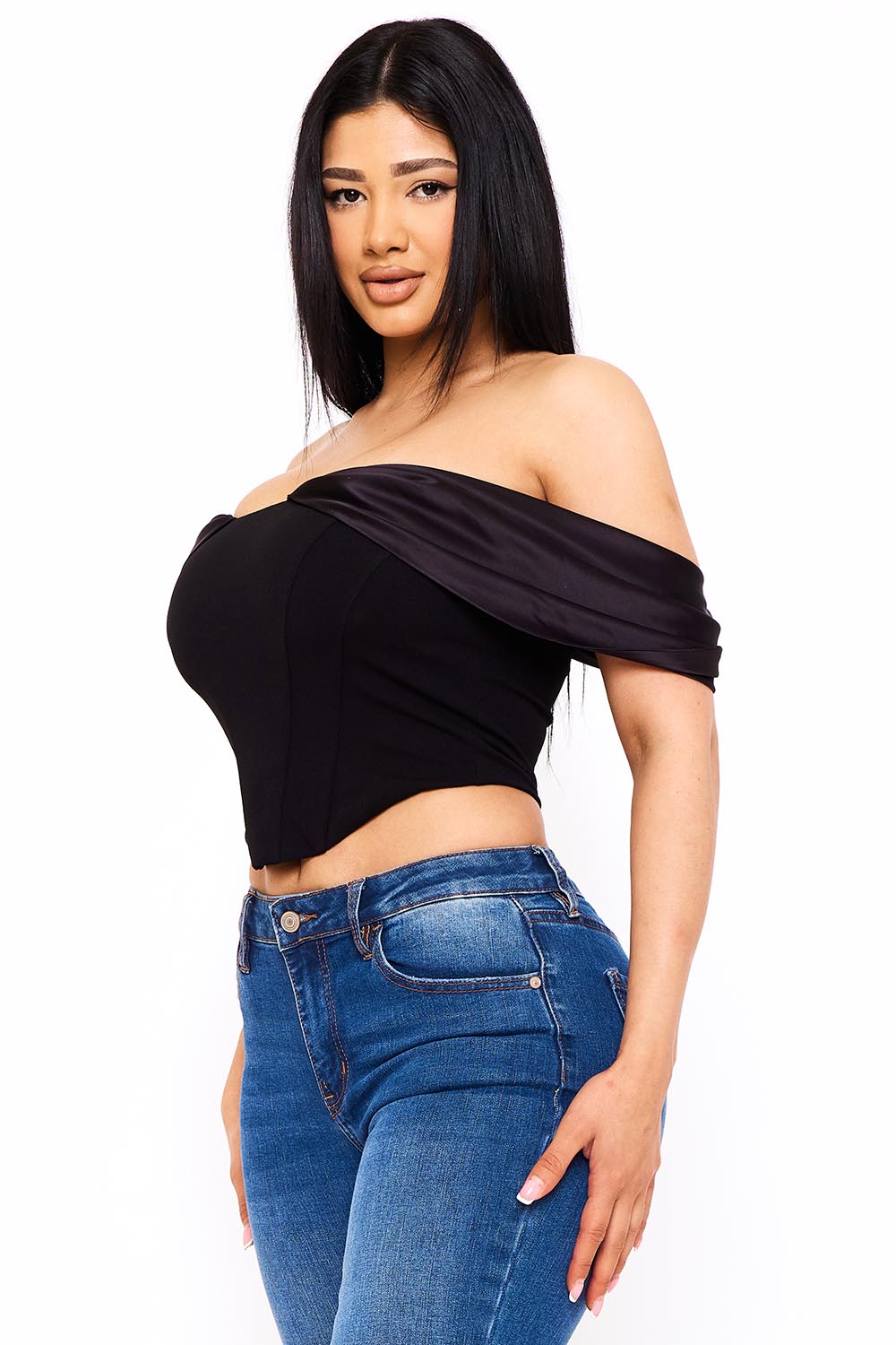 Symphony Top - Fabric Contrast Draped Off The Shoulder Top