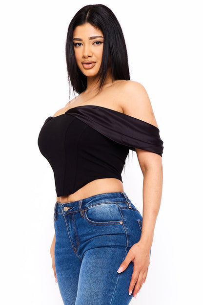 Symphony Top - Fabric Contrast Draped Off The Shoulder Top