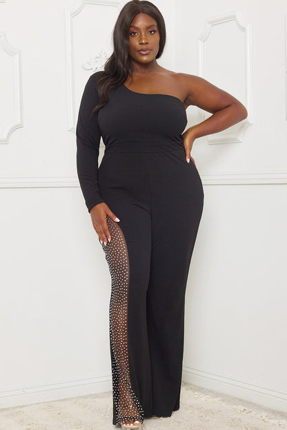 Symphony Jumpsuit - Rhinestone On Mesh One Shoulder Plus Size Night Out Jumpsuit