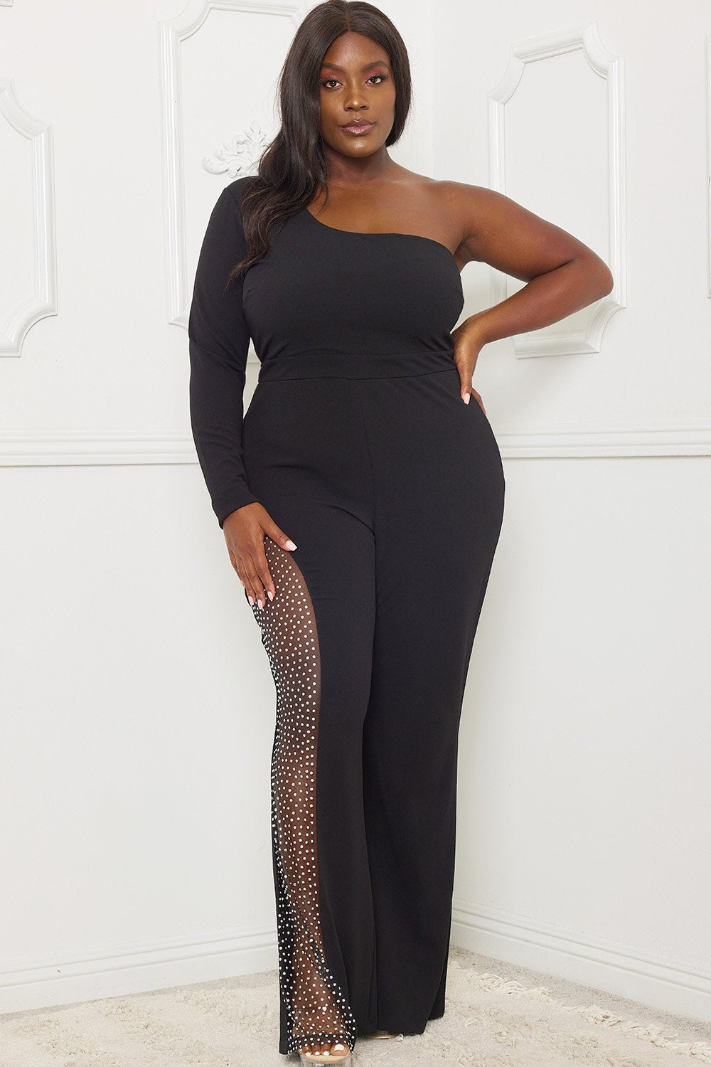 Symphony Jumpsuit - Rhinestone On Mesh One Shoulder Plus Size Night Out Jumpsuit