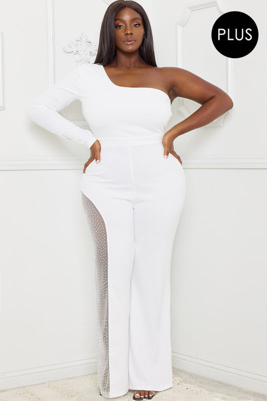 Symphony Jumpsuit - Rhinestone On Mesh One Shoulder Plus Size Night Out Jumpsuit