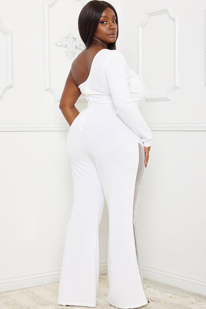 Symphony Jumpsuit - Rhinestone On Mesh One Shoulder Plus Size Night Out Jumpsuit