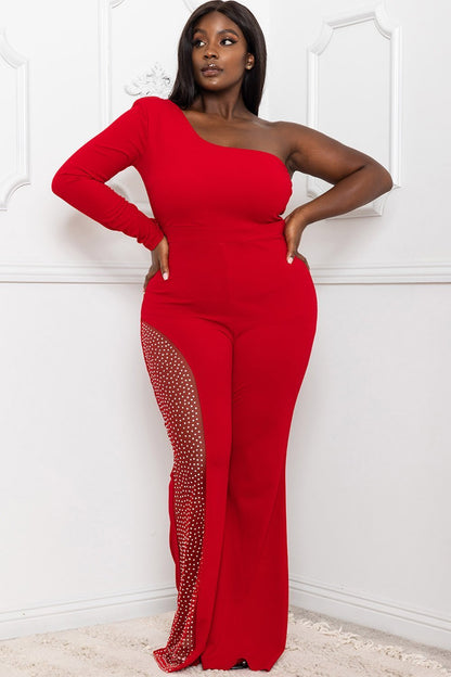 Symphony Jumpsuit - Rhinestone On Mesh One Shoulder Plus Size Night Out Jumpsuit