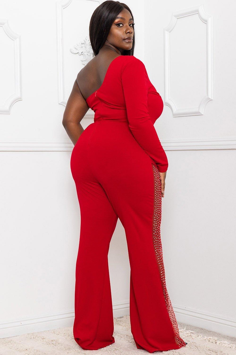 Symphony Jumpsuit - Rhinestone On Mesh One Shoulder Plus Size Night Out Jumpsuit