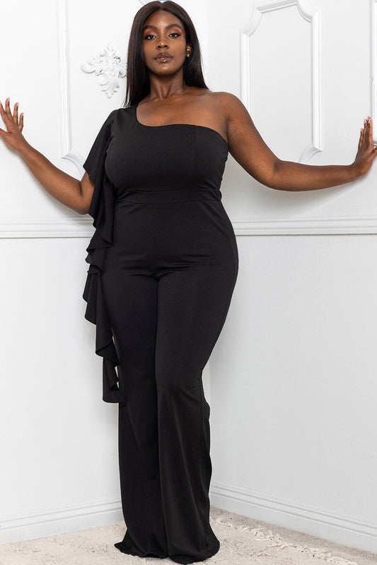 Symphony Jumpsuit - Ruffle Side One Shoulder Plus Size Night Out Jumpsuit