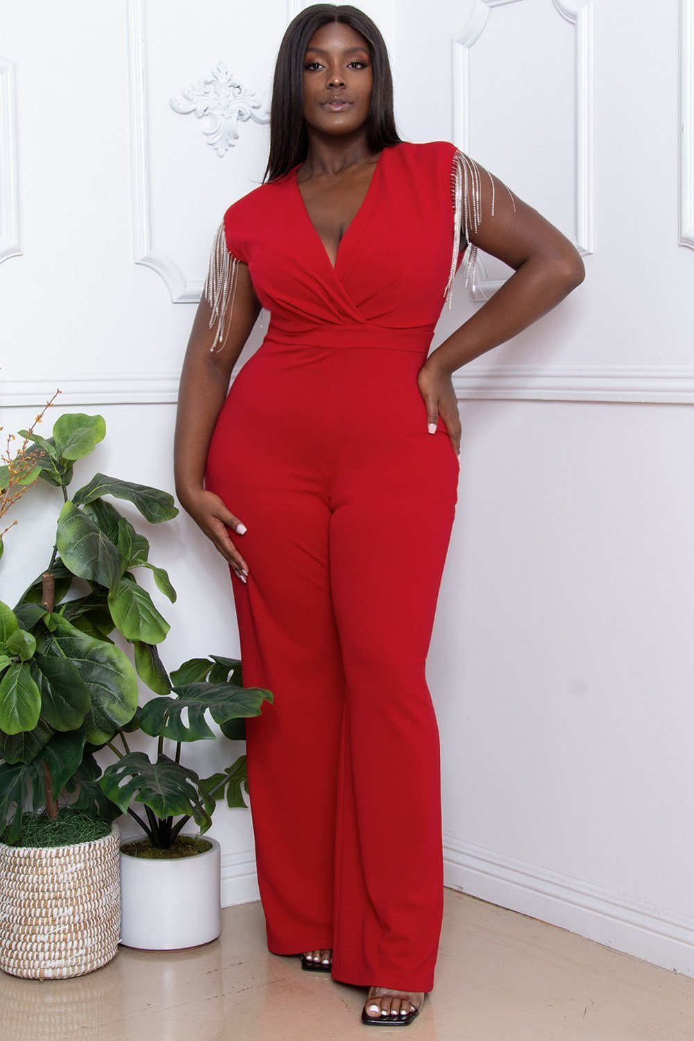 Symphony Jumpsuit - Metal Chain Fringe Sleeve Plus Size Night Out Jumpsuit