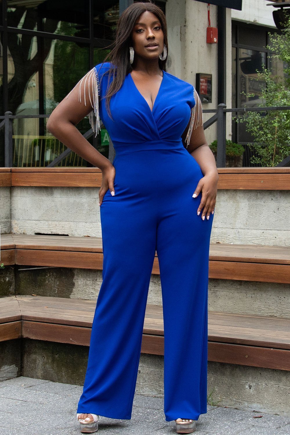 Symphony Jumpsuit - Metal Chain Fringe Sleeve Plus Size Night Out Jumpsuit