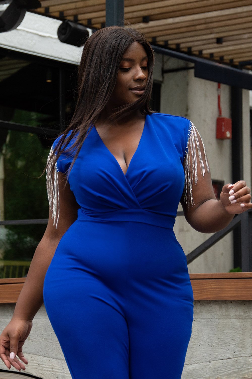 Symphony Jumpsuit - Metal Chain Fringe Sleeve Plus Size Night Out Jumpsuit