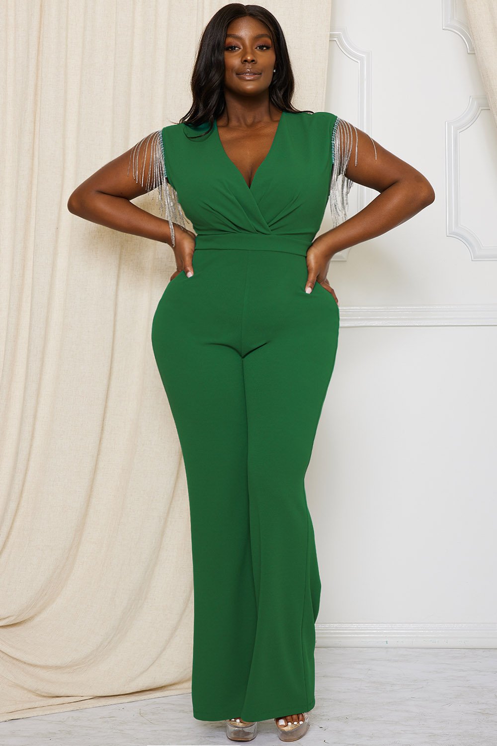 Symphony Jumpsuit - Metal Chain Fringe Sleeve Plus Size Night Out Jumpsuit