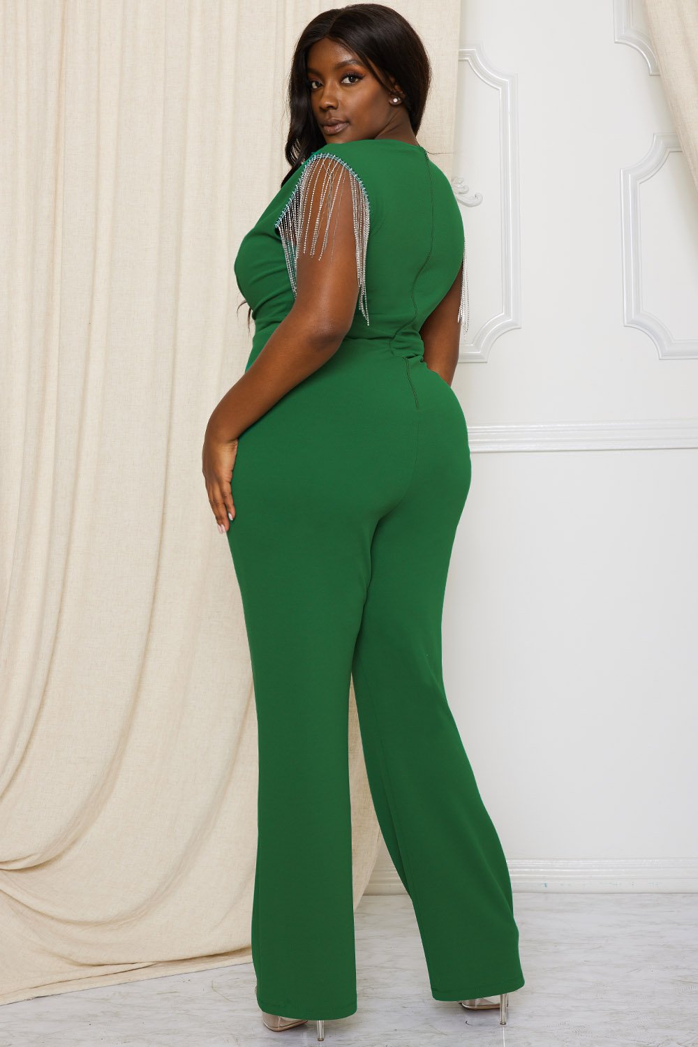 Symphony Jumpsuit - Metal Chain Fringe Sleeve Plus Size Night Out Jumpsuit