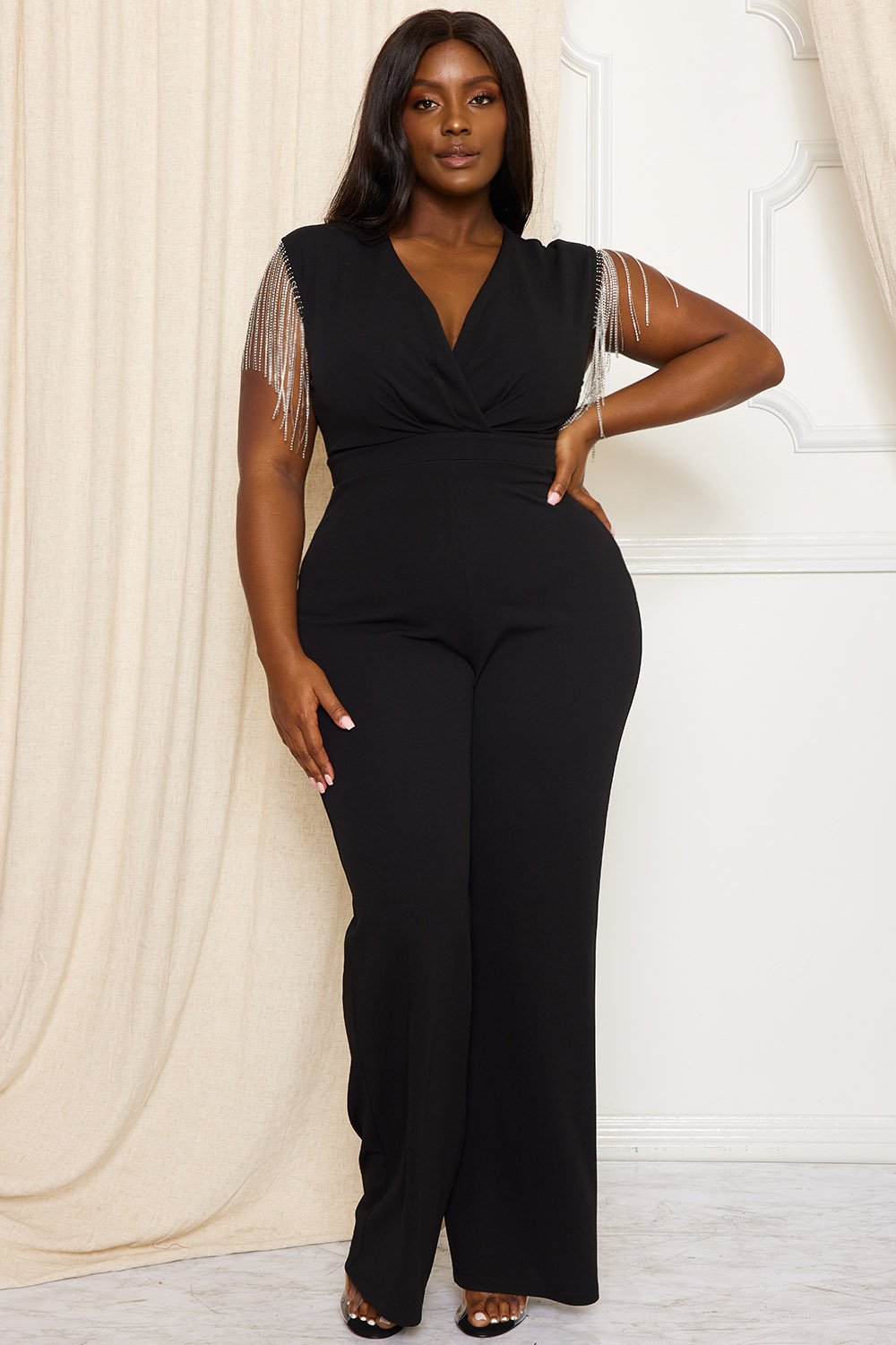 Symphony Jumpsuit - Metal Chain Fringe Sleeve Plus Size Night Out Jumpsuit