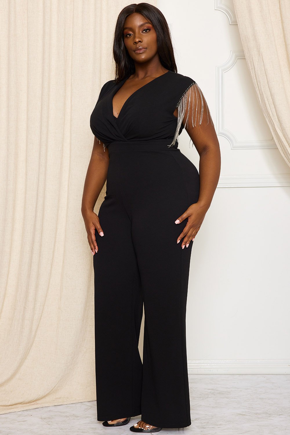 Symphony Jumpsuit - Metal Chain Fringe Sleeve Plus Size Night Out Jumpsuit