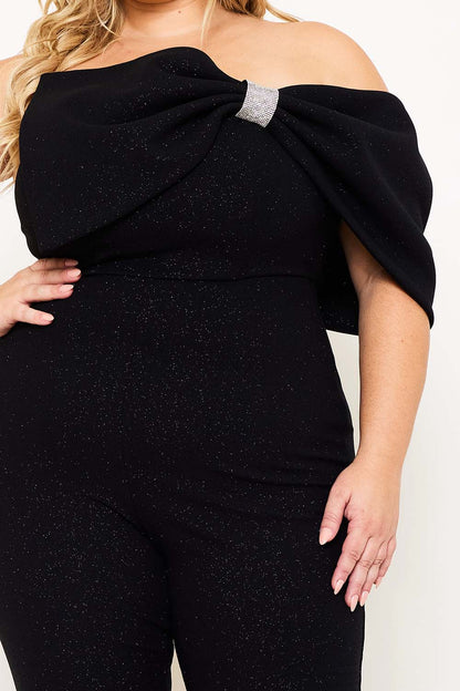 Plus Size Night Out Jumpsuit - Glitter Techno Crepe Large Bow Front Night Out Plus Size Jumpsuit