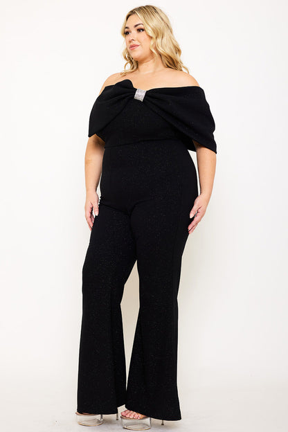 Plus Size Night Out Jumpsuit - Glitter Techno Crepe Large Bow Front Night Out Plus Size Jumpsuit