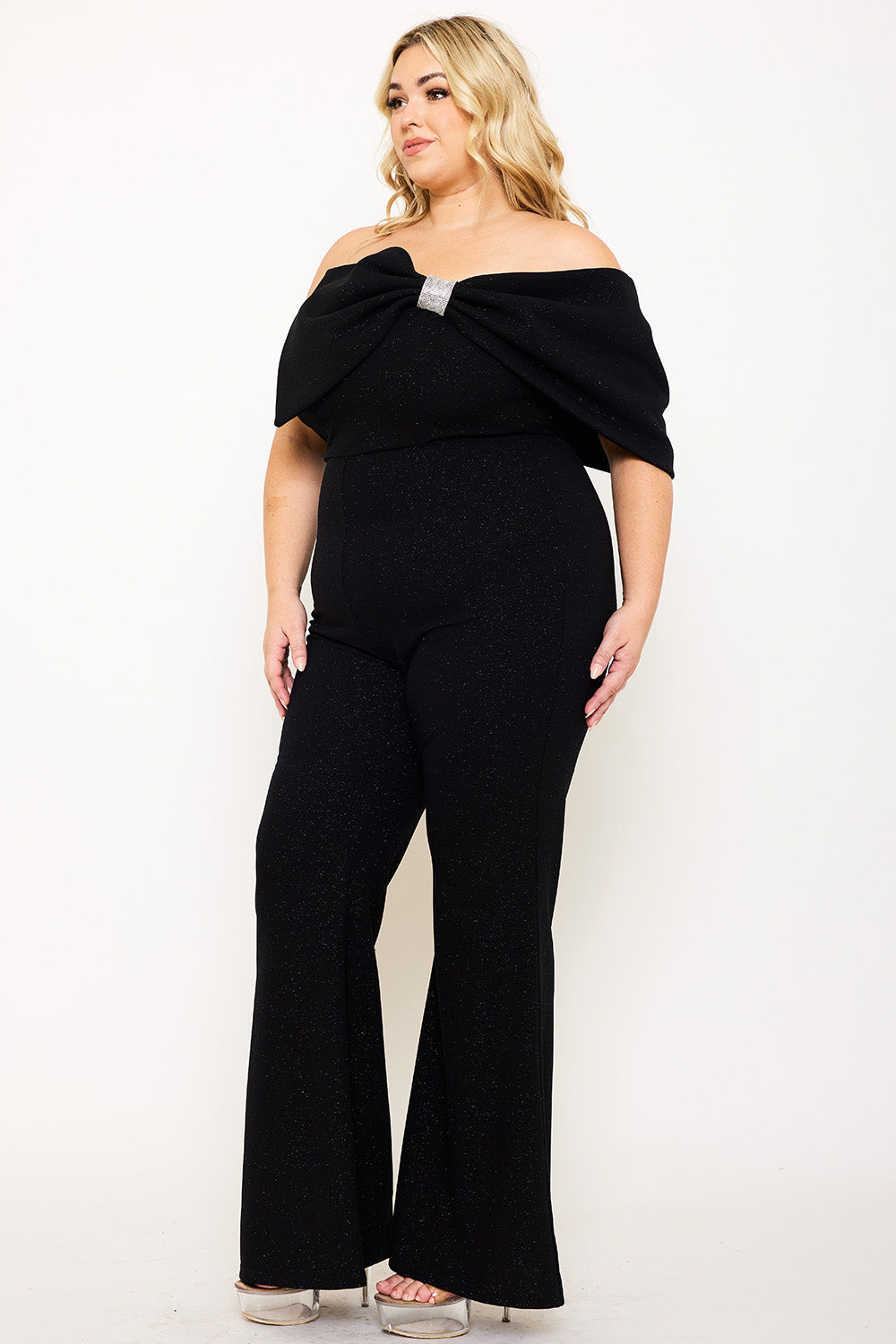 Plus Size Night Out Jumpsuit - Glitter Techno Crepe Large Bow Front Night Out Plus Size Jumpsuit