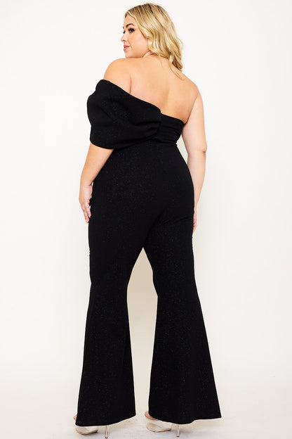 Plus Size Night Out Jumpsuit - Glitter Techno Crepe Large Bow Front Night Out Plus Size Jumpsuit