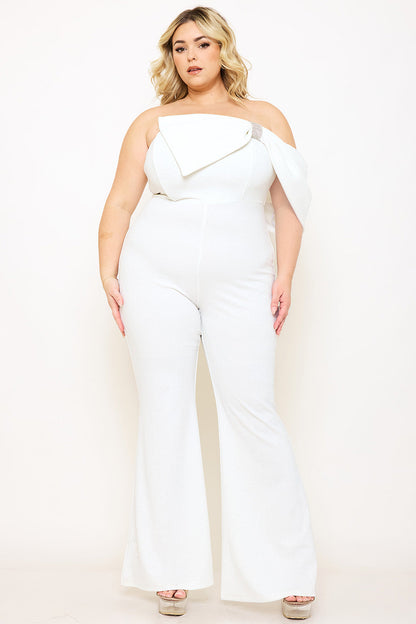 Plus Size Night Out Jumpsuit - Glitter Techno Crepe Large Bow Front Night Out Plus Size Jumpsuit