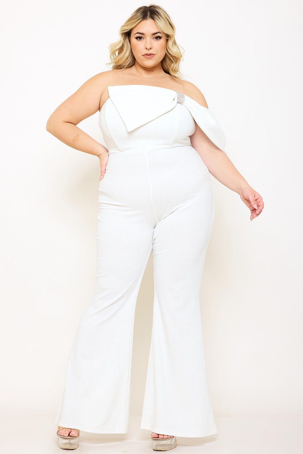 Plus Size Night Out Jumpsuit - Glitter Techno Crepe Large Bow Front Night Out Plus Size Jumpsuit