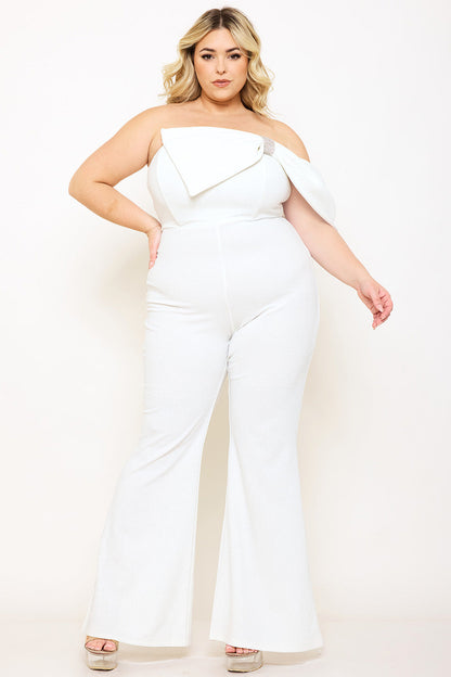 Plus Size Night Out Jumpsuit - Glitter Techno Crepe Large Bow Front Night Out Plus Size Jumpsuit