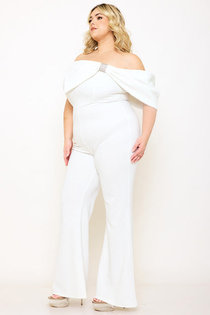 Plus Size Night Out Jumpsuit - Glitter Techno Crepe Large Bow Front Night Out Plus Size Jumpsuit