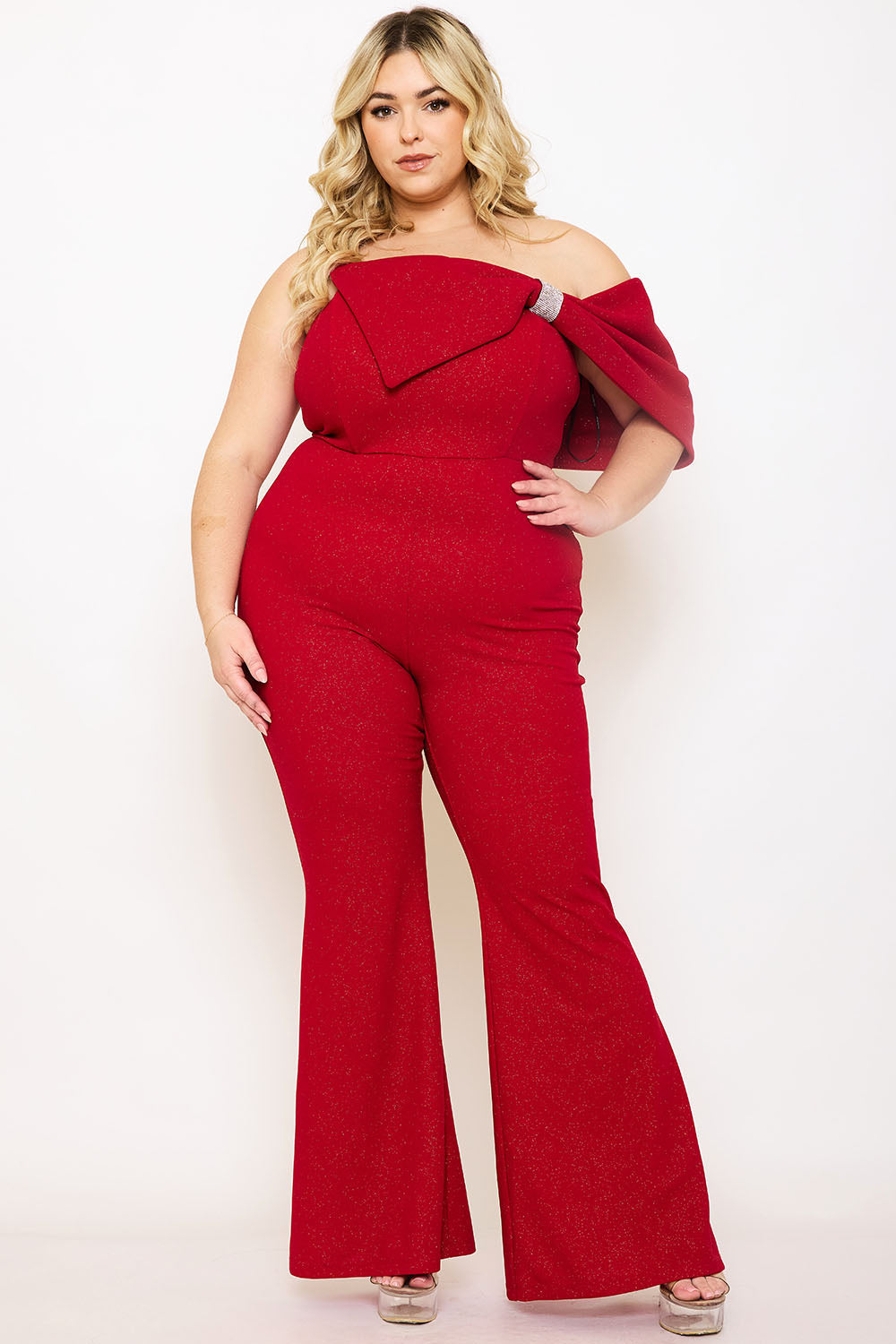 Plus Size Night Out Jumpsuit - Glitter Techno Crepe Large Bow Front Night Out Plus Size Jumpsuit