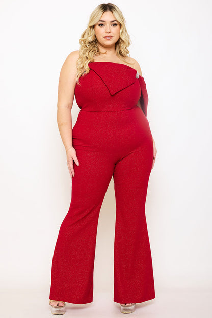 Plus Size Night Out Jumpsuit - Glitter Techno Crepe Large Bow Front Night Out Plus Size Jumpsuit