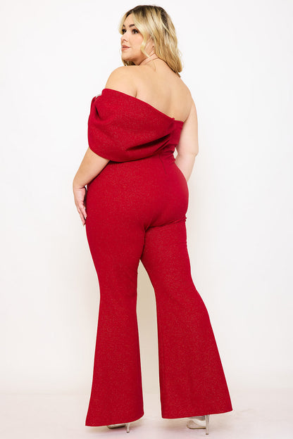 Plus Size Night Out Jumpsuit - Glitter Techno Crepe Large Bow Front Night Out Plus Size Jumpsuit