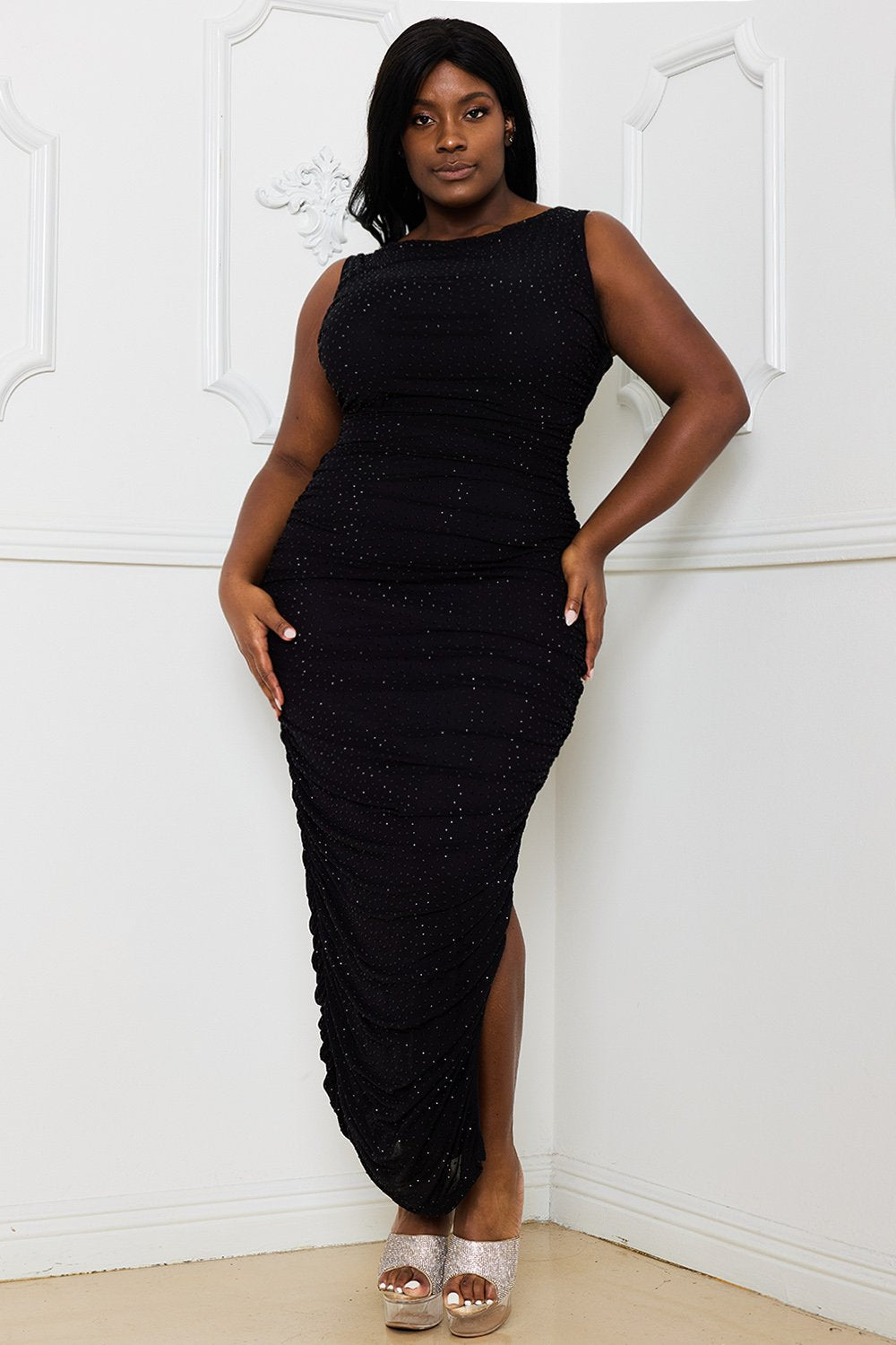 Symphony Dress - Rhinestone Ruched Midi Dress