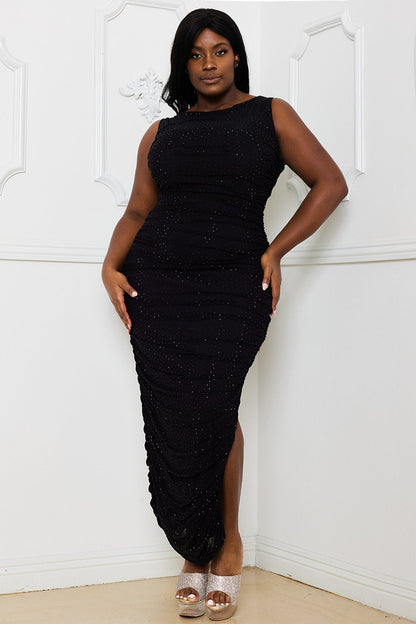 Symphony Dress - Rhinestone Ruched Midi Dress