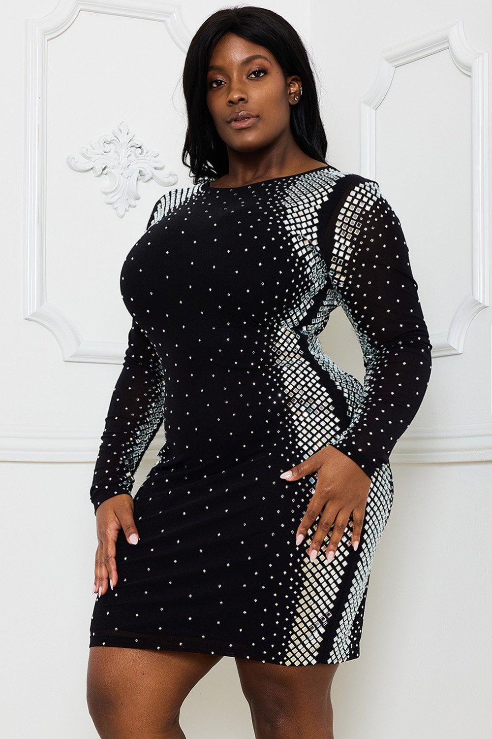 Symphony Dress - Square And Rhinestone Mesh Mini Dress