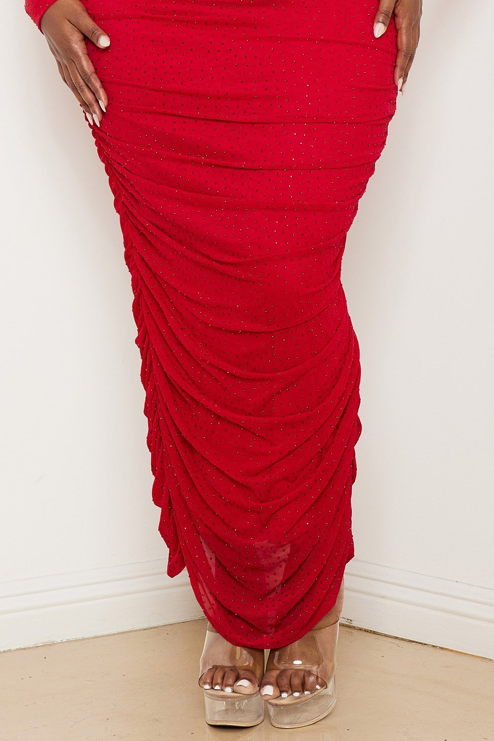 Plus Size Night Out Symphony Dress - Rhinestone On Mesh Pleated Maxi Dress