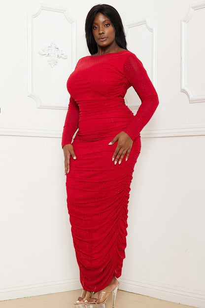 Plus Size Night Out Symphony Dress - Rhinestone On Mesh Pleated Maxi Dress
