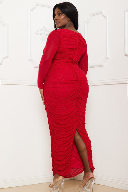 Plus Size Night Out Symphony Dress - Rhinestone On Mesh Pleated Maxi Dress