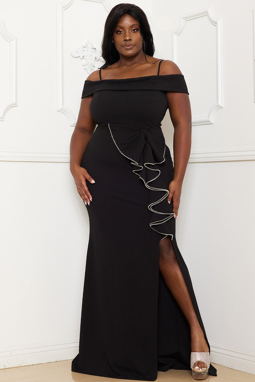 Symphony Dress - Rhinestone Trim Open Shoulder Maxi Dress