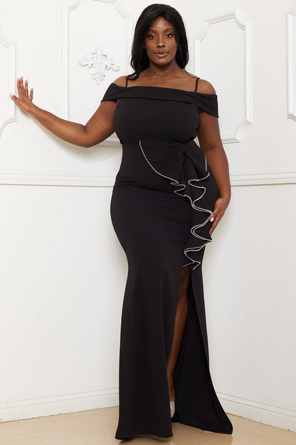Symphony Dress - Rhinestone Trim Open Shoulder Maxi Dress