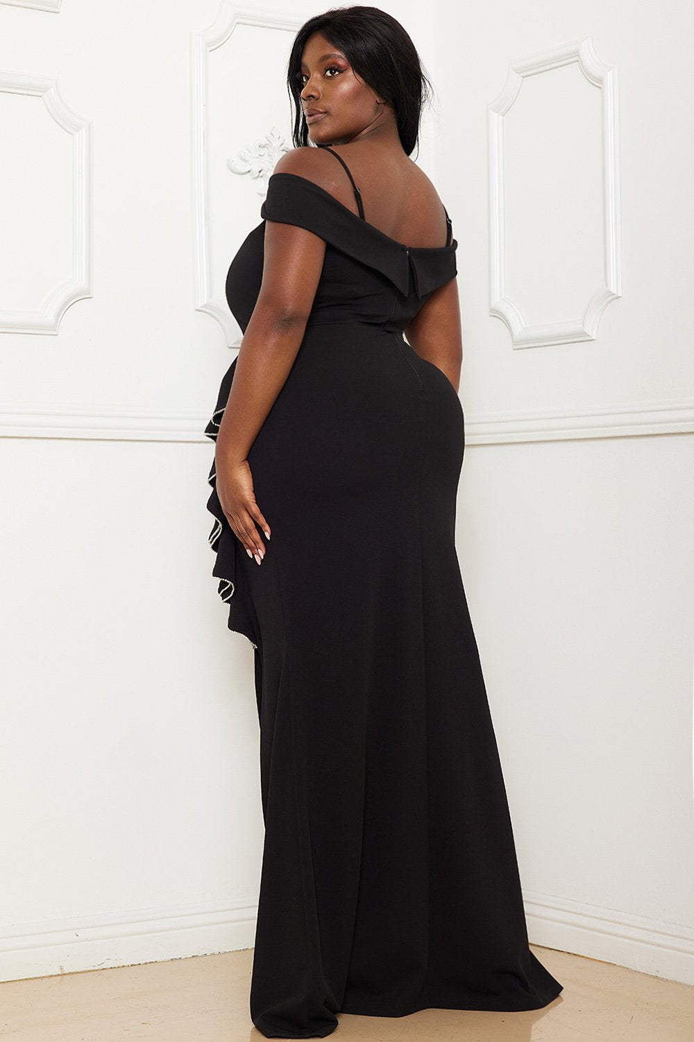 Symphony Dress - Rhinestone Trim Open Shoulder Maxi Dress