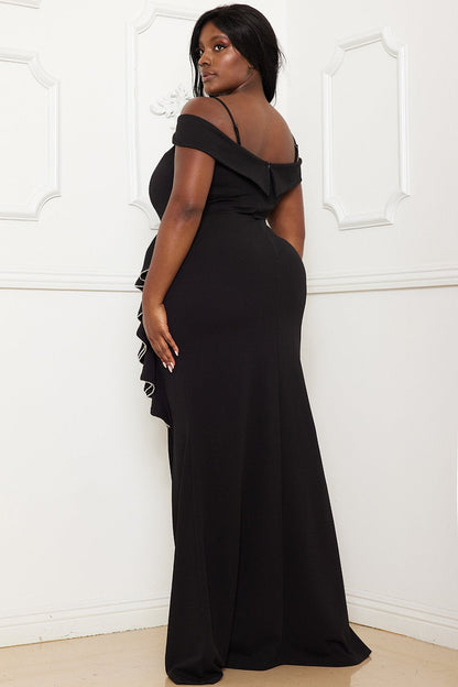 Symphony Dress - Rhinestone Trim Open Shoulder Maxi Dress