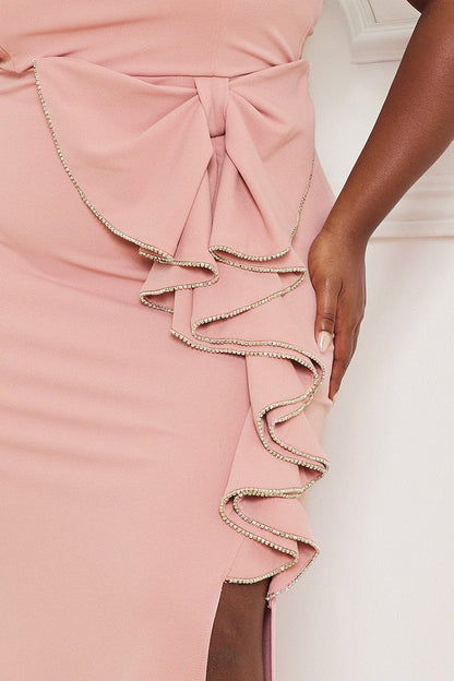 Symphony Dress - Rhinestone Trim Open Shoulder Maxi Dress