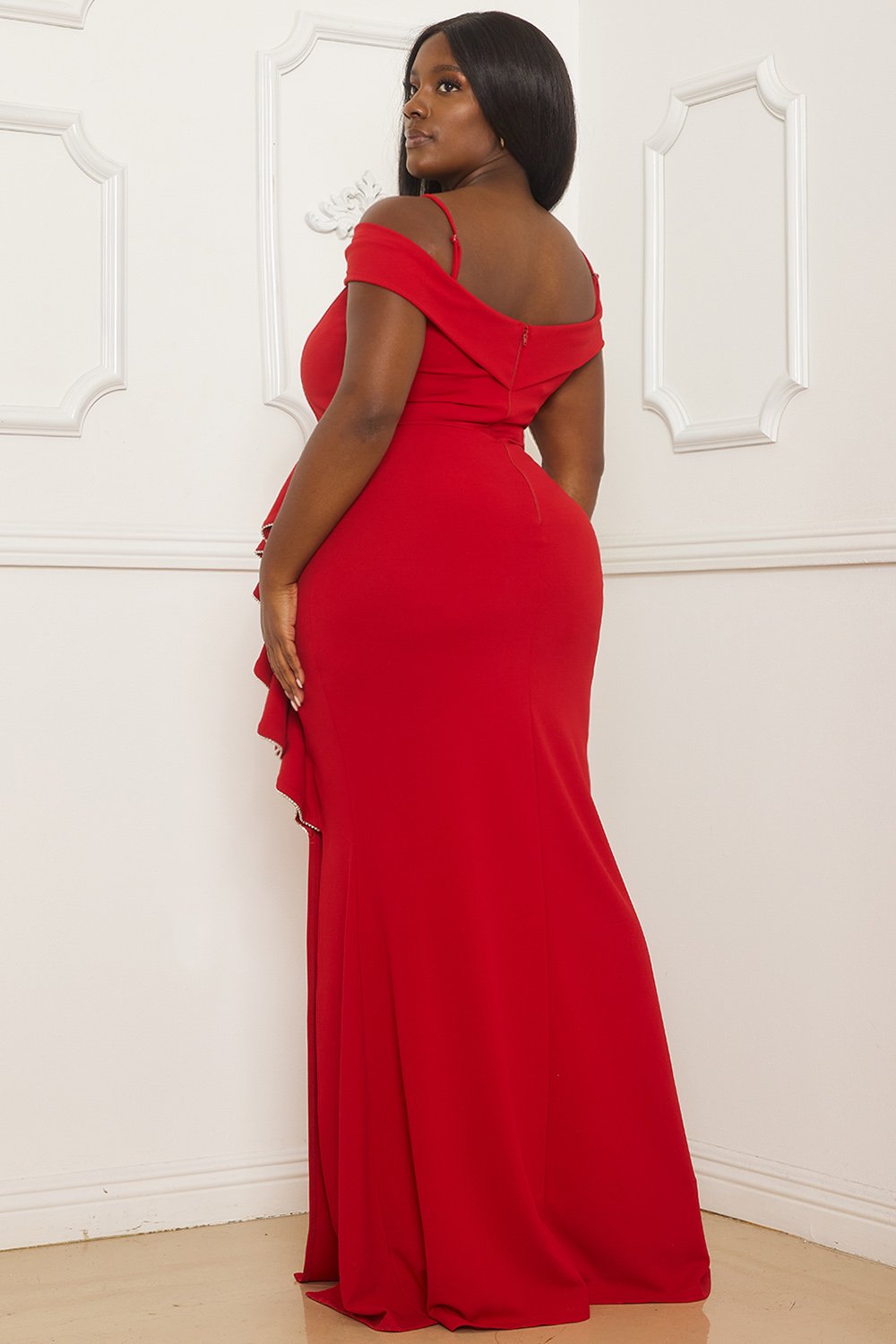 Symphony Dress - Rhinestone Trim Open Shoulder Maxi Dress