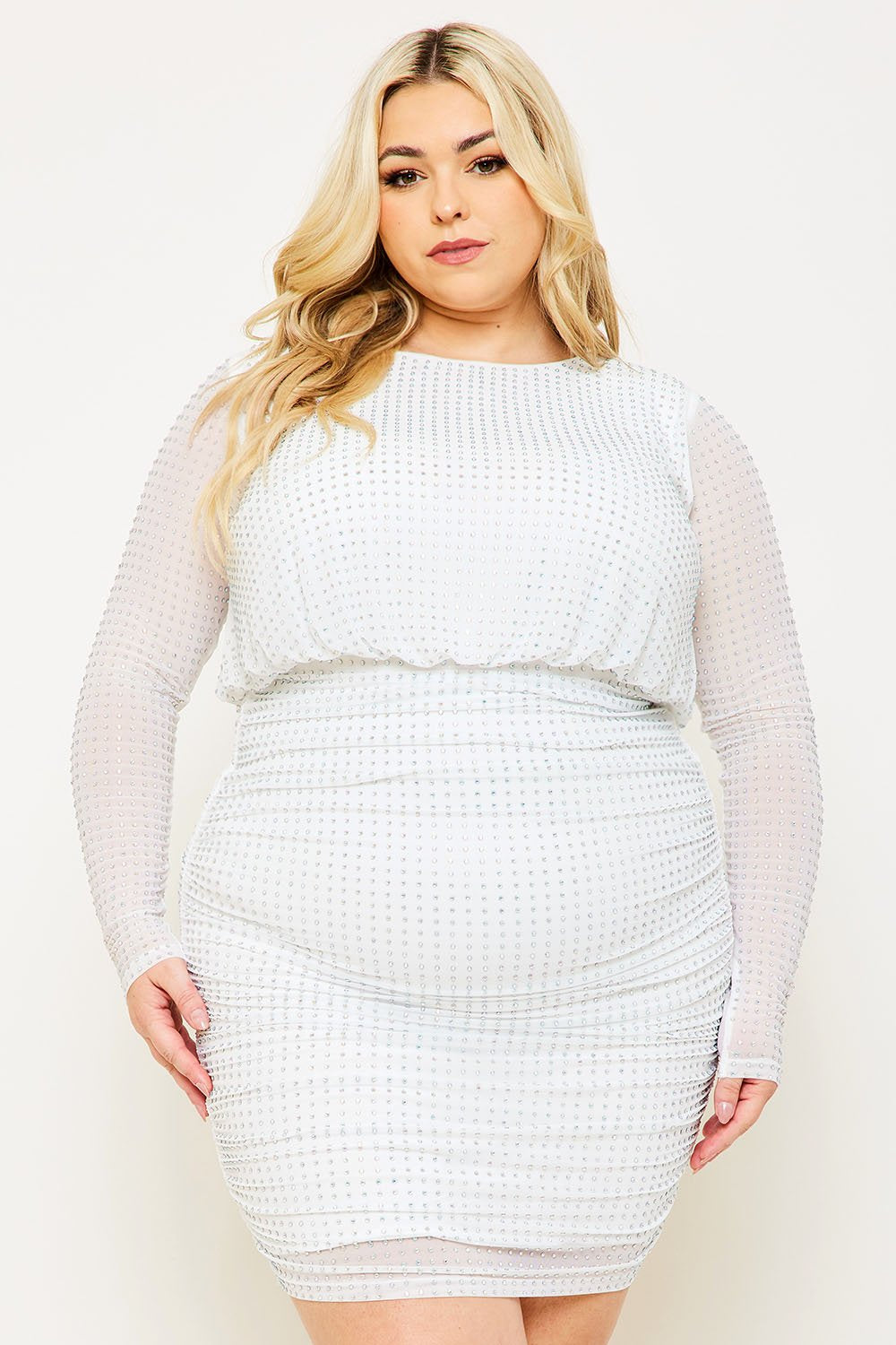 Symphony Dress - Rhinestone Round Neck Plus Size Night Out Mini Dress