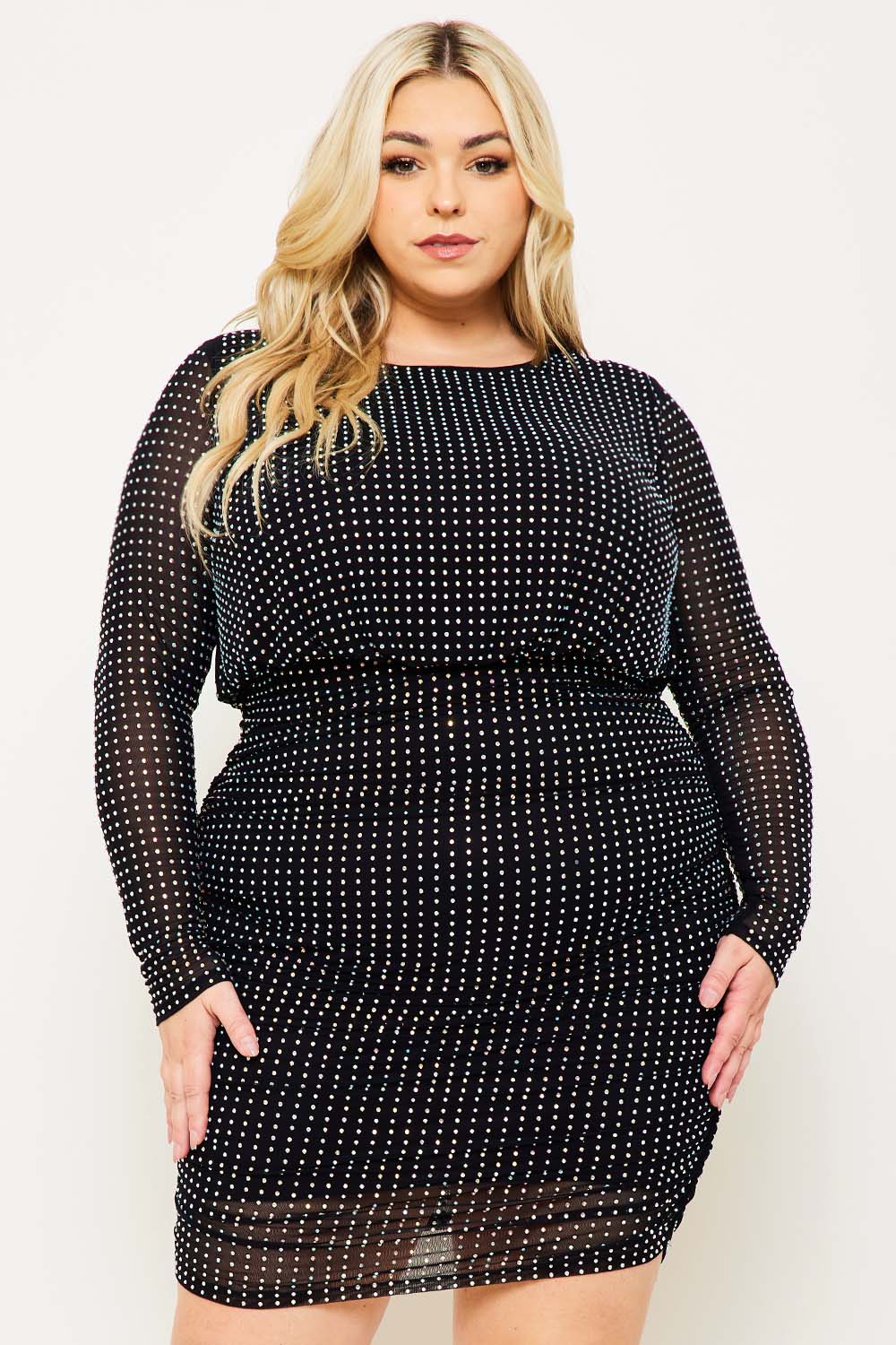 Symphony Dress - Rhinestone Round Neck Plus Size Night Out Mini Dress