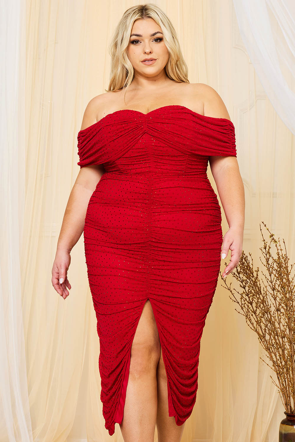 Symphony Dress - Shirring Side Off The Shoulder Plus Size Night Out Midi Dress