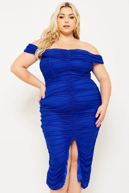 Symphony Dress - Shirring Side Off The Shoulder Plus Size Night Out Midi Dress