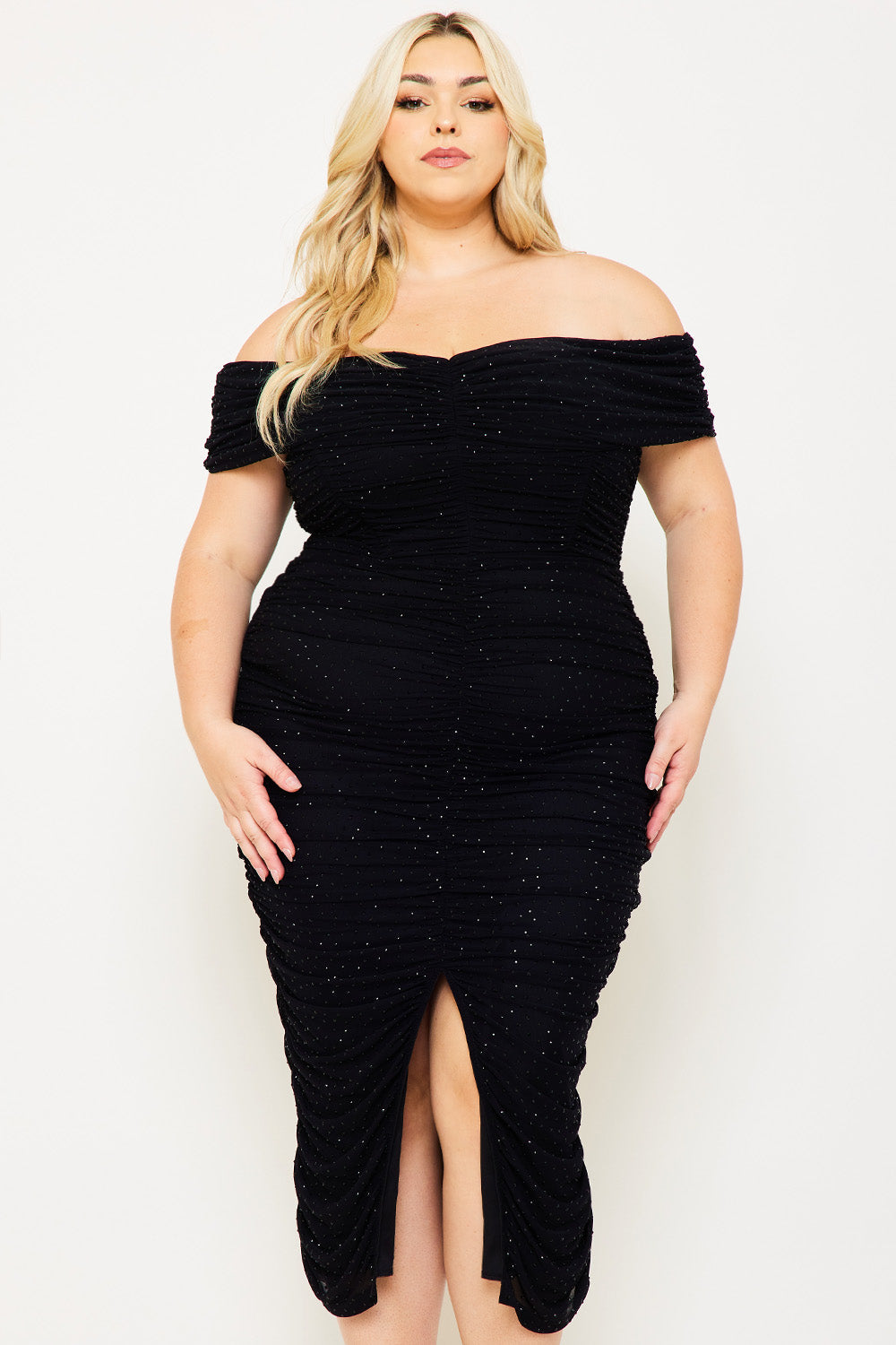 Symphony Dress - Shirring Side Off The Shoulder Plus Size Night Out Midi Dress